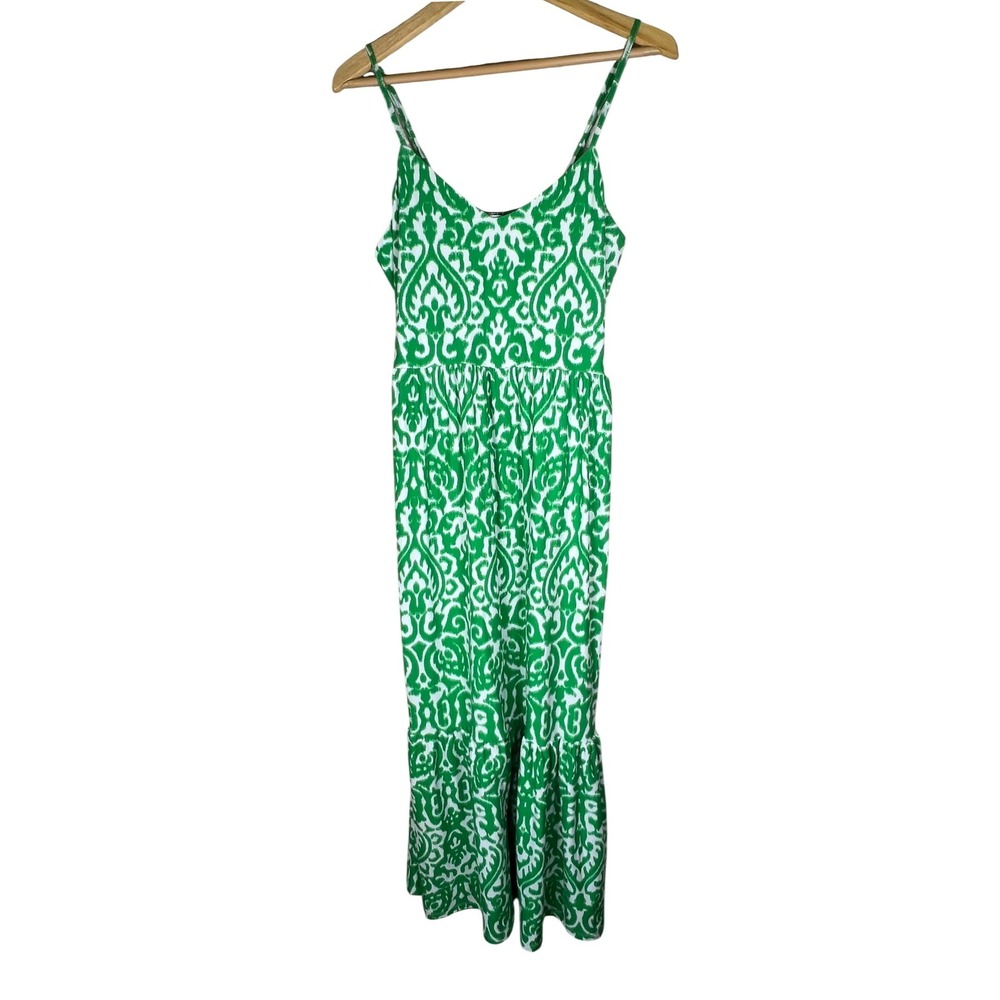 Emily Daniels Womens Green White Ikat Damask Maxi Dress Smocked Tiered‎ L Spring